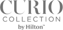 The image shows the "Curio Collection by Hilton" logo, featuring distinctive typography in a grayscale color scheme.