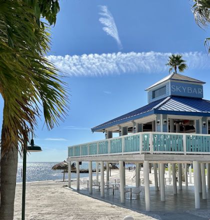 A beachside bar on stilts with a blue roof, labeled "Skybar," surrounded by palm trees, and overlooking the ocean.