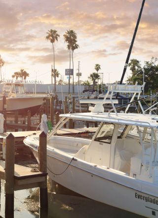 A marina with several boats docked, surrounded by palm trees under a bright sunset sky.