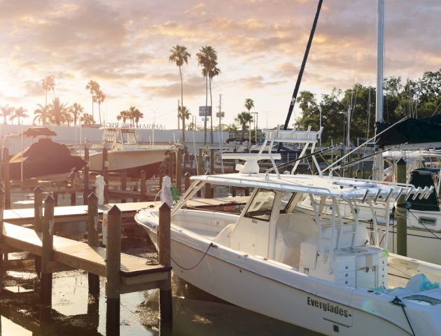 A marina with several boats docked, surrounded by palm trees under a bright sunset sky.